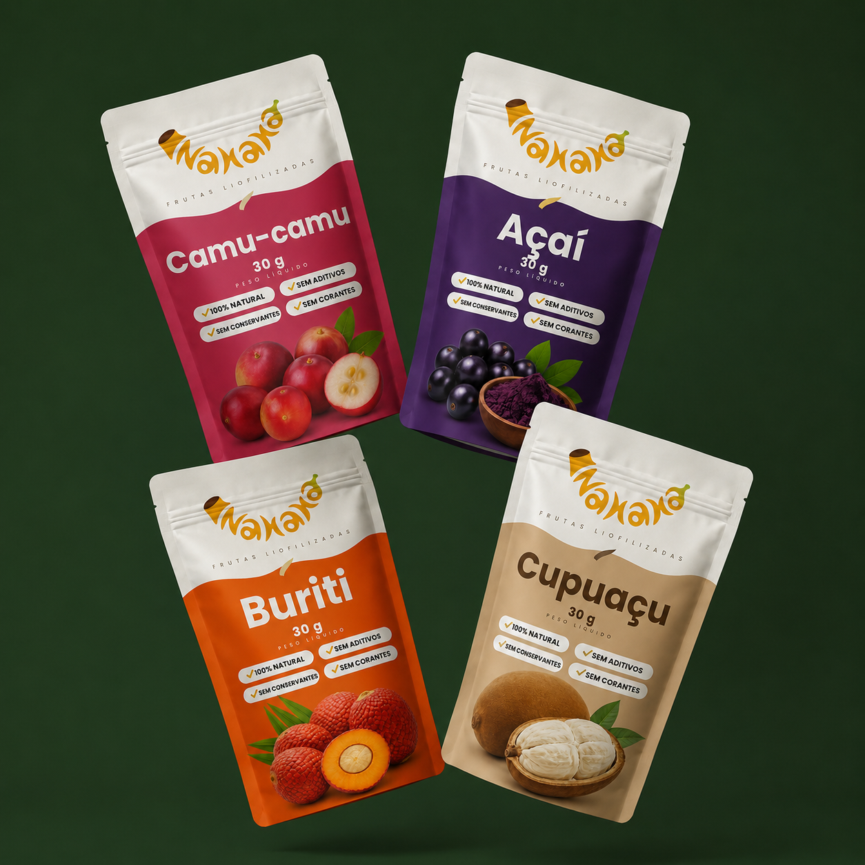 Embalagens da Missão Amazônia: camu-camu, açaí, buriti e cupuaçu.