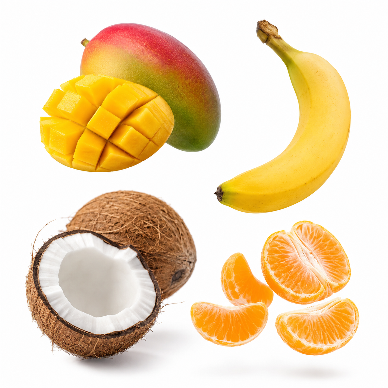 Frutas frescas: manga, banana, coco e laranja.