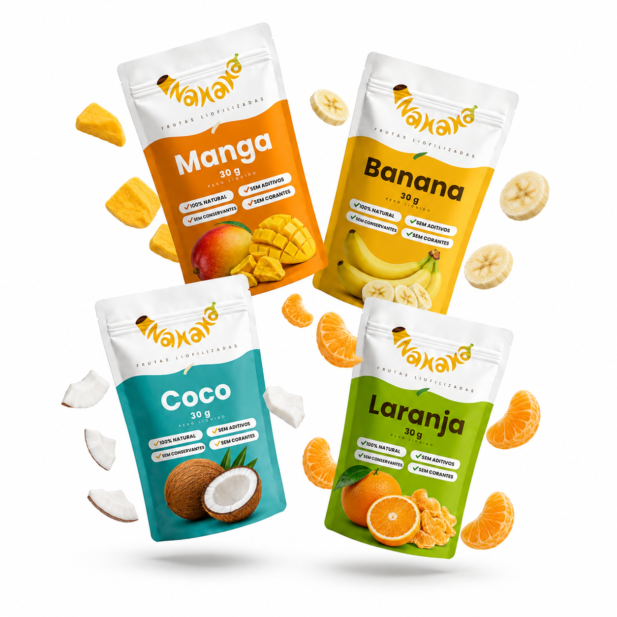 Snacks crocantes de frutas liofilizadas.