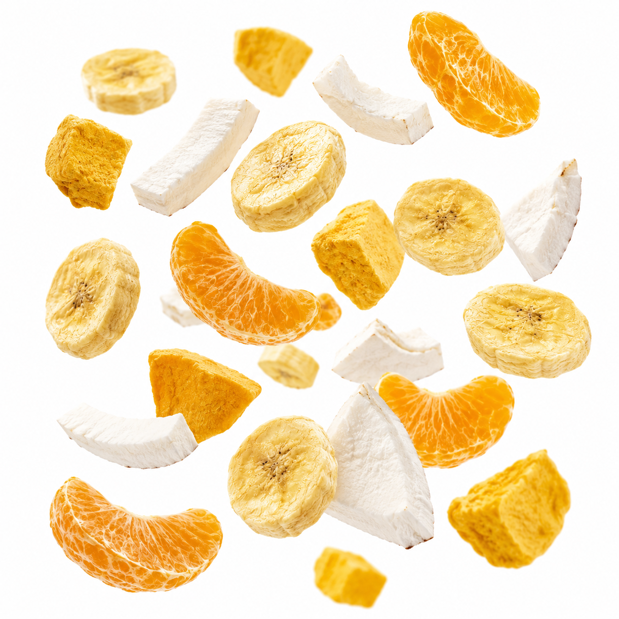 Frutas em processo de sublimação, com a água sendo retirada.