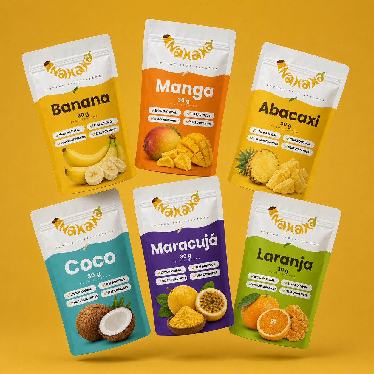 Embalagens da Missão Tropical: banana, manga, abacaxi, coco, maracujá e laranja.